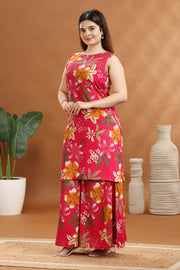 Pink Rayon Printed A Line Kurta and Pant Set