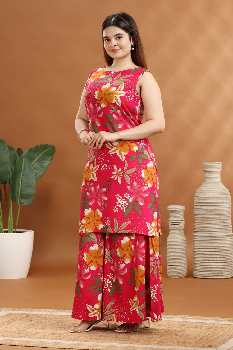 Pink Rayon Printed A Line Kurta and Pant Set