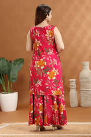 Pink Rayon Printed A Line Kurta and Pant Set