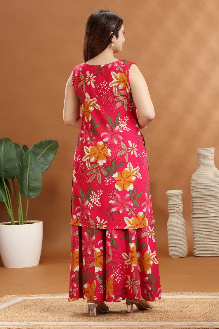Pink Rayon Printed A Line Kurta and Pant Set