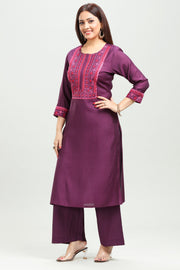 Wine Silk Straight Embroidered Kurta Pant Co ord Set