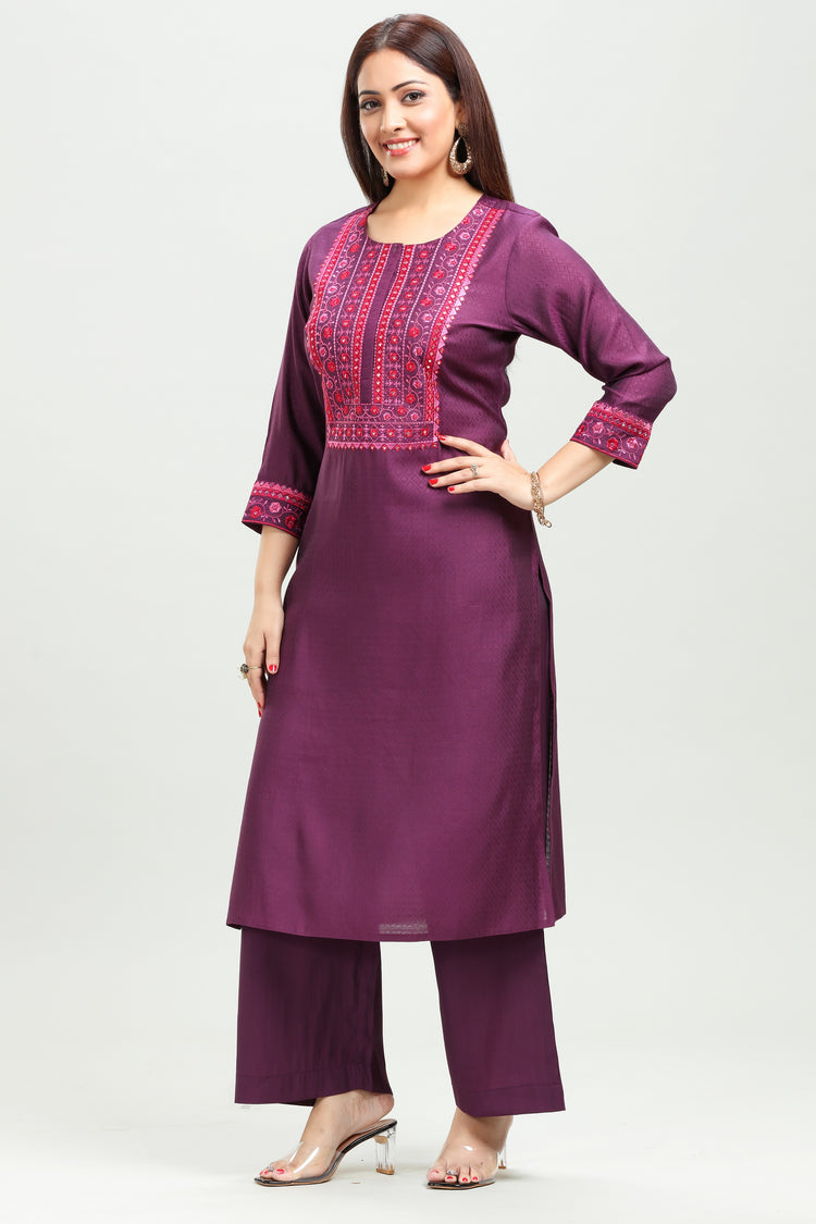 Wine Silk Straight Embroidered Kurta Pant Co ord Set