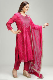 Magenta Chanderi Straight Embroidered Kurta Pant Suit Set