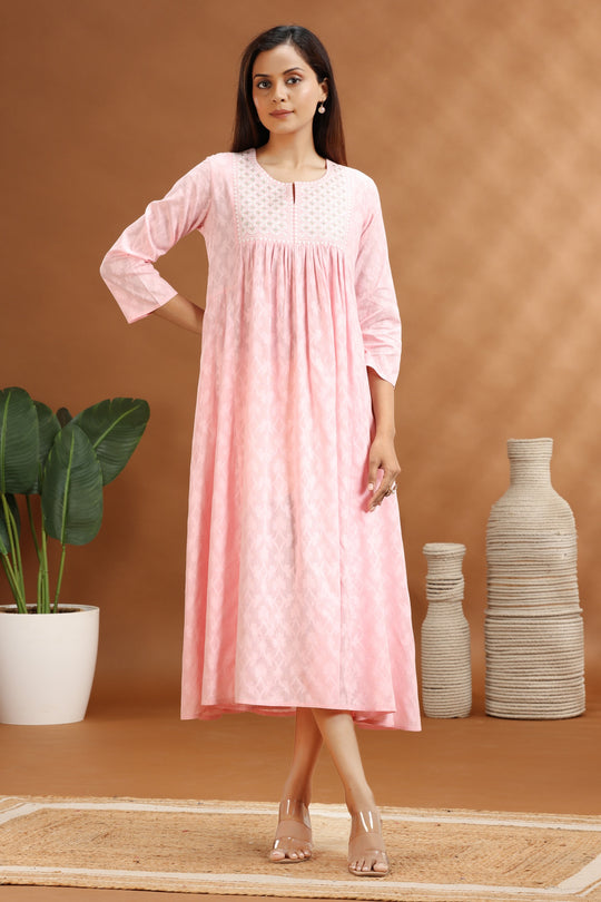 Baby Pink Jacquard Cotton A Line Embroidered Kurta for women / girl