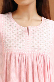 Baby Pink Jacquard Cotton A Line Embroidered Kurta for women / girl