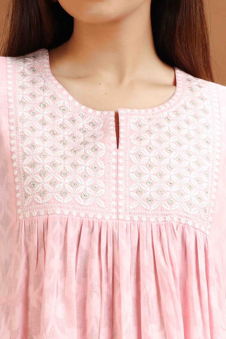 Baby Pink Jacquard Cotton A Line Embroidered Kurta for women / girl
