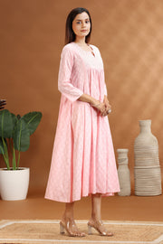 Baby Pink Jacquard Cotton A Line Embroidered Kurta for women / girl