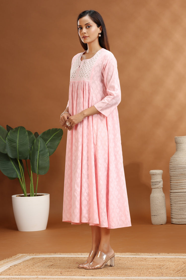 Baby Pink Jacquard Cotton A Line Embroidered Kurta for women / girl