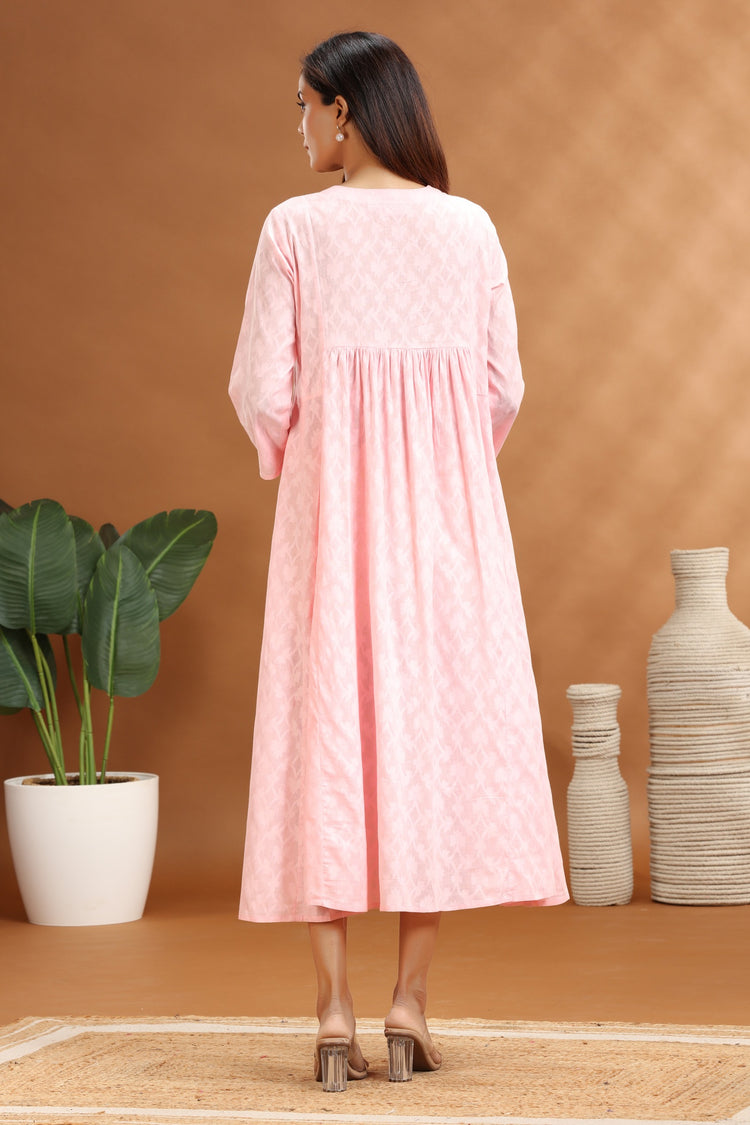 Baby Pink Jacquard Cotton A Line Embroidered Kurta for women / girl