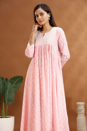 Baby Pink Jacquard Cotton A Line Embroidered Kurta for women / girl