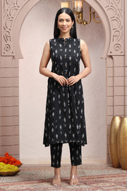Black Flax Cotton Yarndyed A Line Sleeveless Kurta Pant Co ord Set