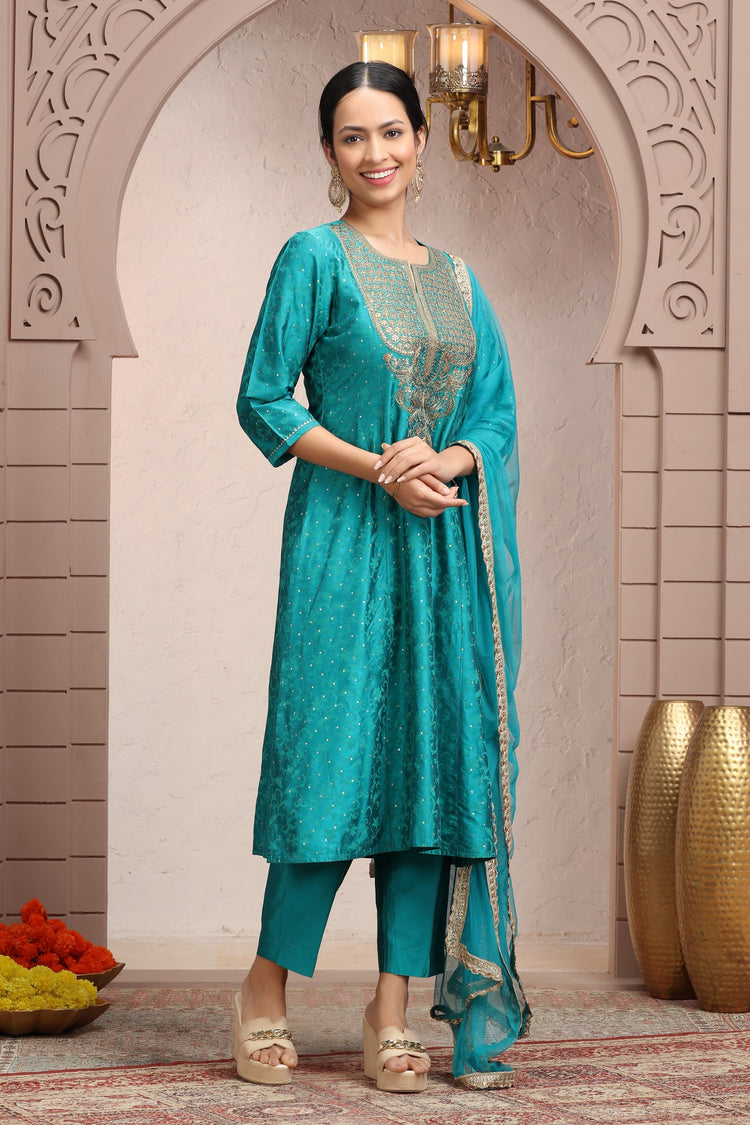 Teal PolySilk A Line Embroidered Kurta Pant Suit Set