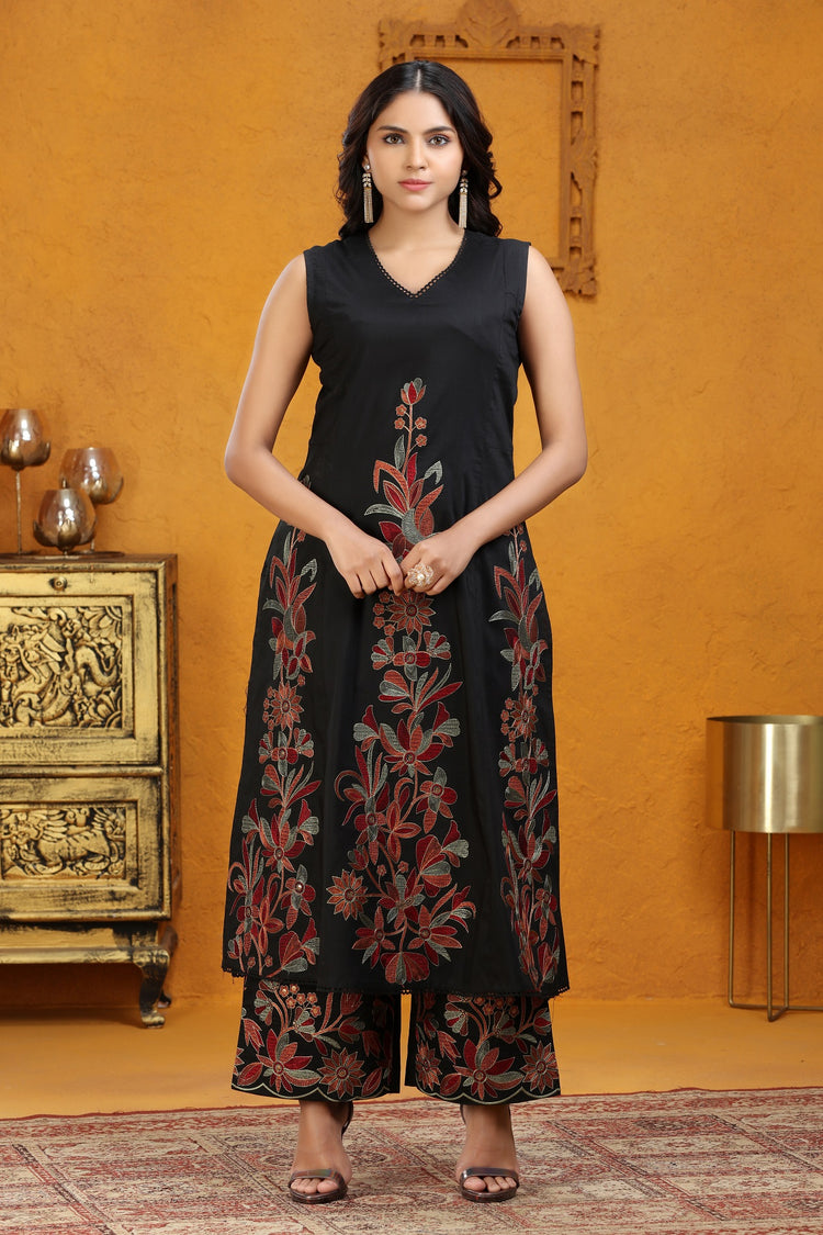 Black PolySilk A Line Embroidered Kurta Pant Co ord Set