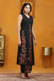 Black PolySilk A Line Embroidered Kurta Pant Co ord Set