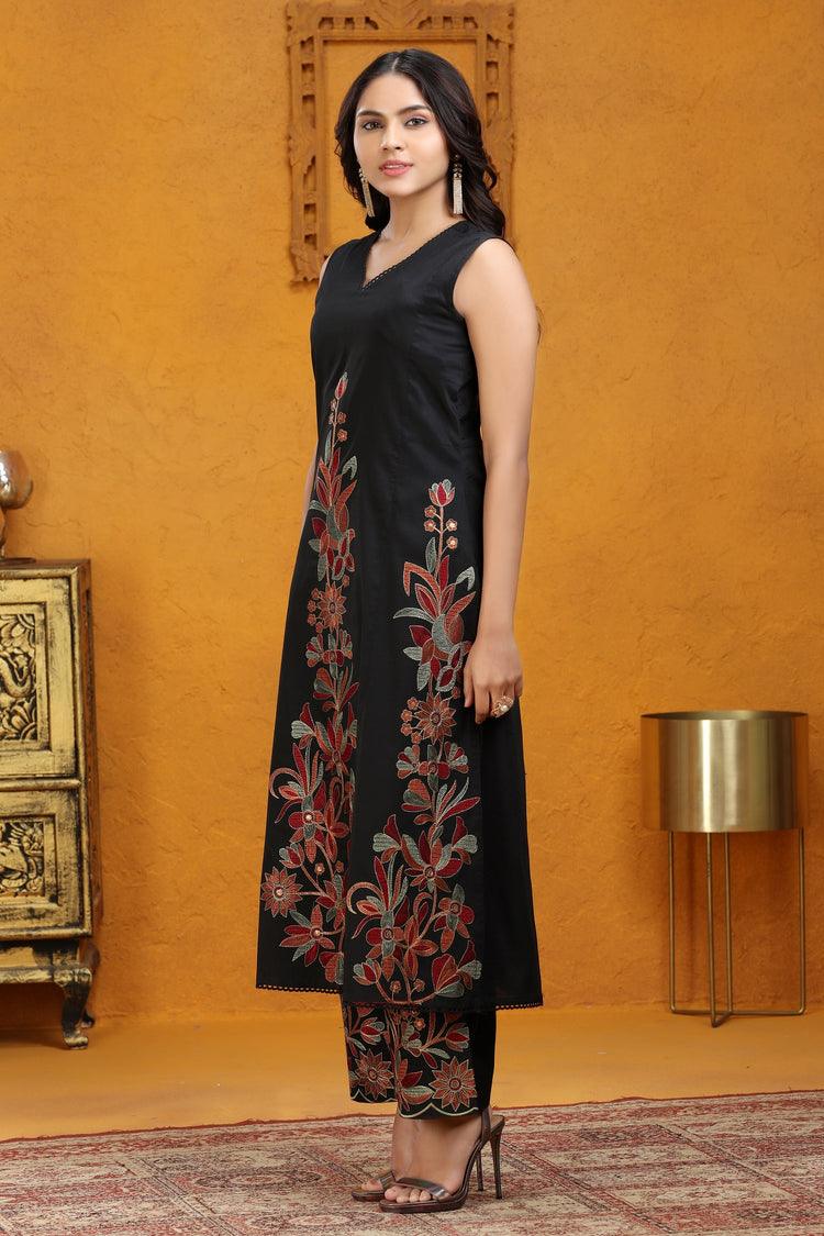 Black PolySilk A Line Embroidered Kurta Pant Co ord Set