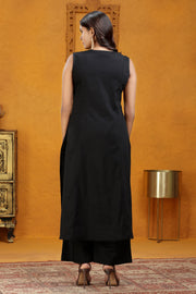 Black PolySilk A Line Embroidered Kurta Pant Co ord Set