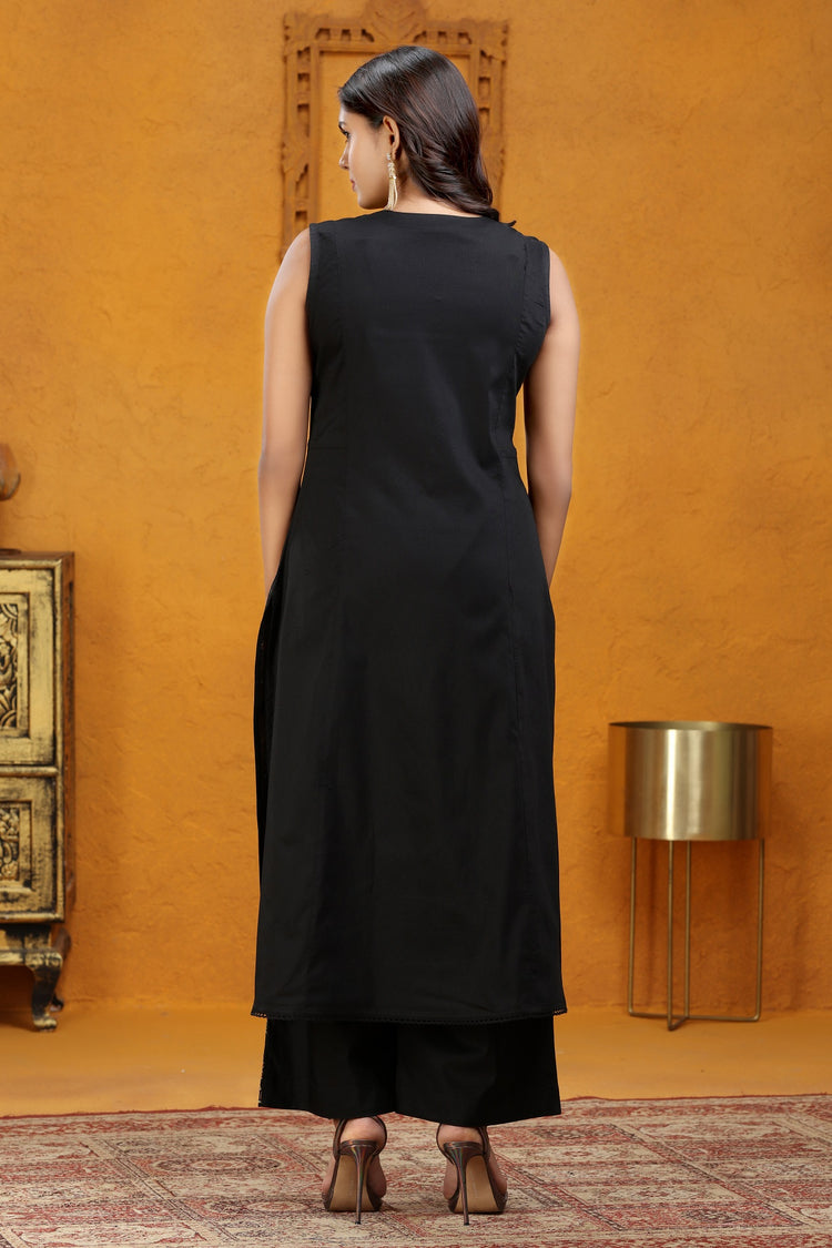 Black PolySilk A Line Embroidered Kurta Pant Co ord Set
