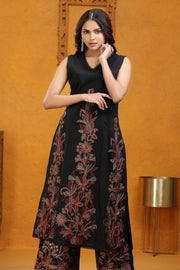 Black PolySilk A Line Embroidered Kurta Pant Co ord Set