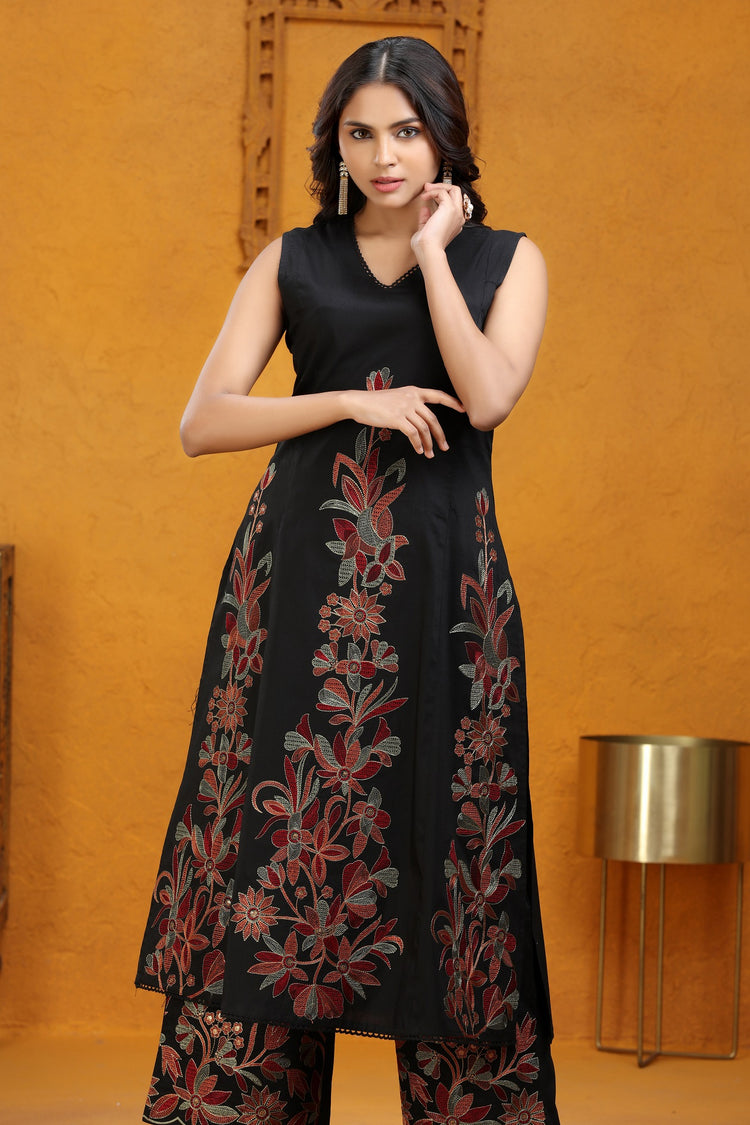 Black PolySilk A Line Embroidered Kurta Pant Co ord Set