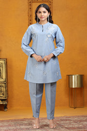 Sky Blue Slub Cotton Straight Embroidered Kurta Pant Co ord Set