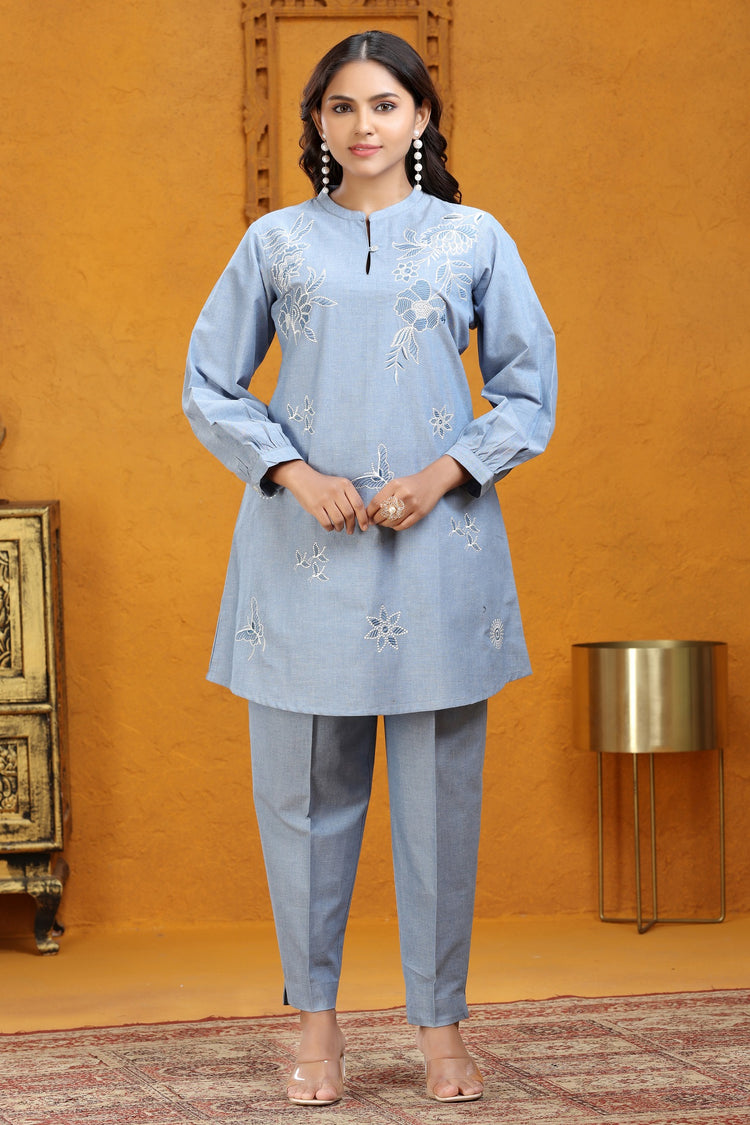 Sky Blue Slub Cotton Straight Embroidered Kurta Pant Co ord Set