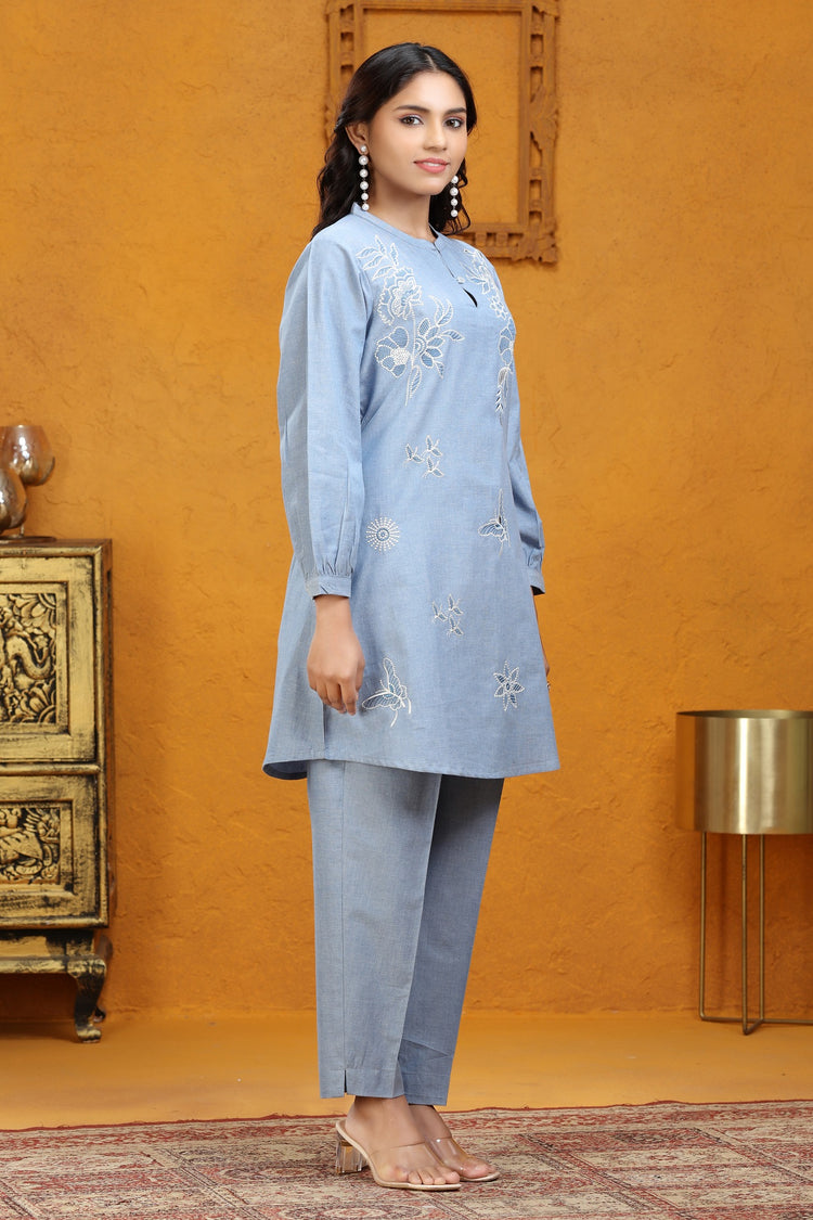 Sky Blue Slub Cotton Straight Embroidered Kurta Pant Co ord Set