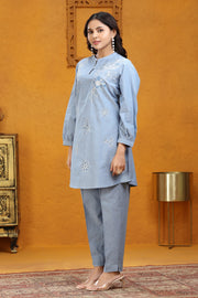 Sky Blue Slub Cotton Straight Embroidered Kurta Pant Co ord Set