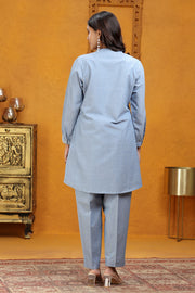 Sky Blue Slub Cotton Straight Embroidered Kurta Pant Co ord Set