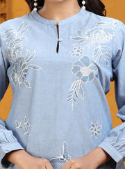 Sky Blue Slub Cotton Straight Embroidered Kurta Pant Co ord Set