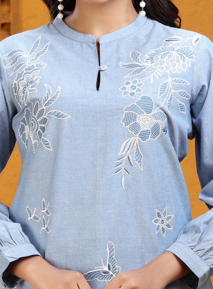 Sky Blue Slub Cotton Straight Embroidered Kurta Pant Co ord Set