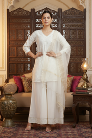 Off White Chanderi Embroidered Straight Kurta Palazzo and Dupatta Suit Set
