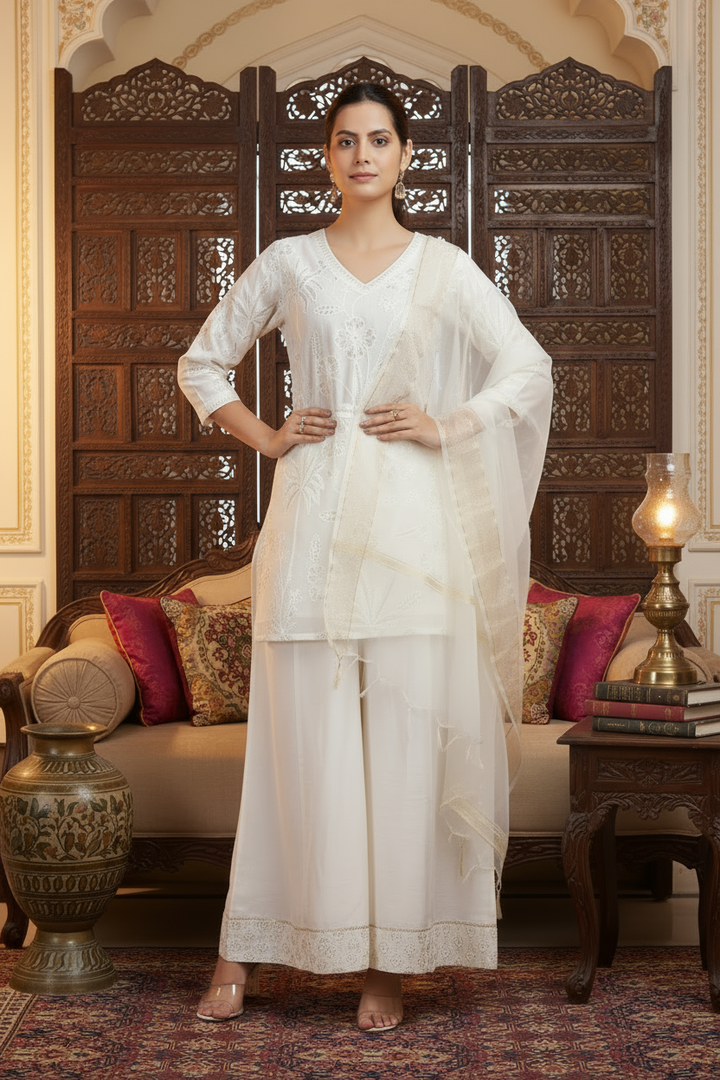 Off White Chanderi Embroidered Straight Kurta Palazzo and Dupatta Suit Set