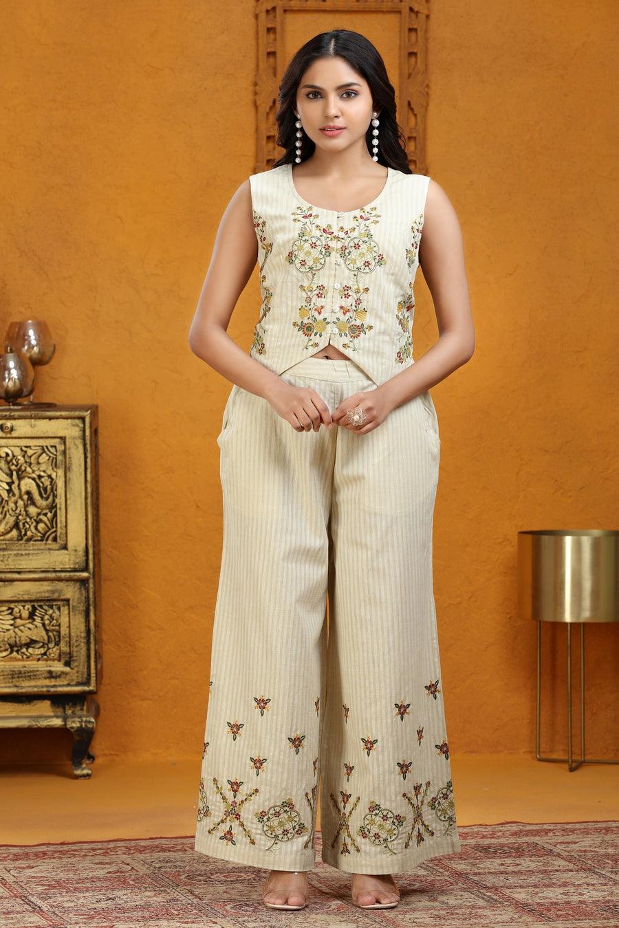 Off White Handloom Embroidered Waistcoat Style Kurta Pant Co ord Set