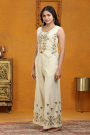 Off White Handloom Embroidered Waistcoat Style Kurta Pant Co ord Set