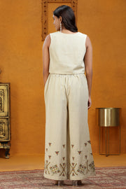 Off White Handloom Embroidered Waistcoat Style Kurta Pant Co ord Set