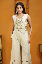 Off White Handloom Embroidered Waistcoat Style Kurta Pant Co ord Set