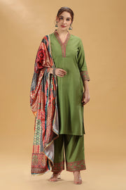 Light Green Embroidered Roman Silk A Line Kurta Pant and Dupatta Suit Set for women