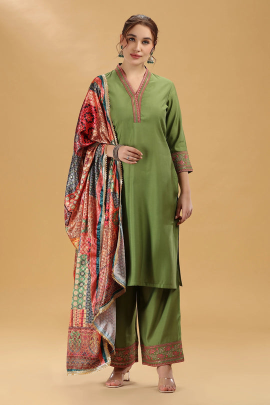 Light Green Embroidered Roman Silk A Line Kurta Pant and Dupatta Suit Set for women