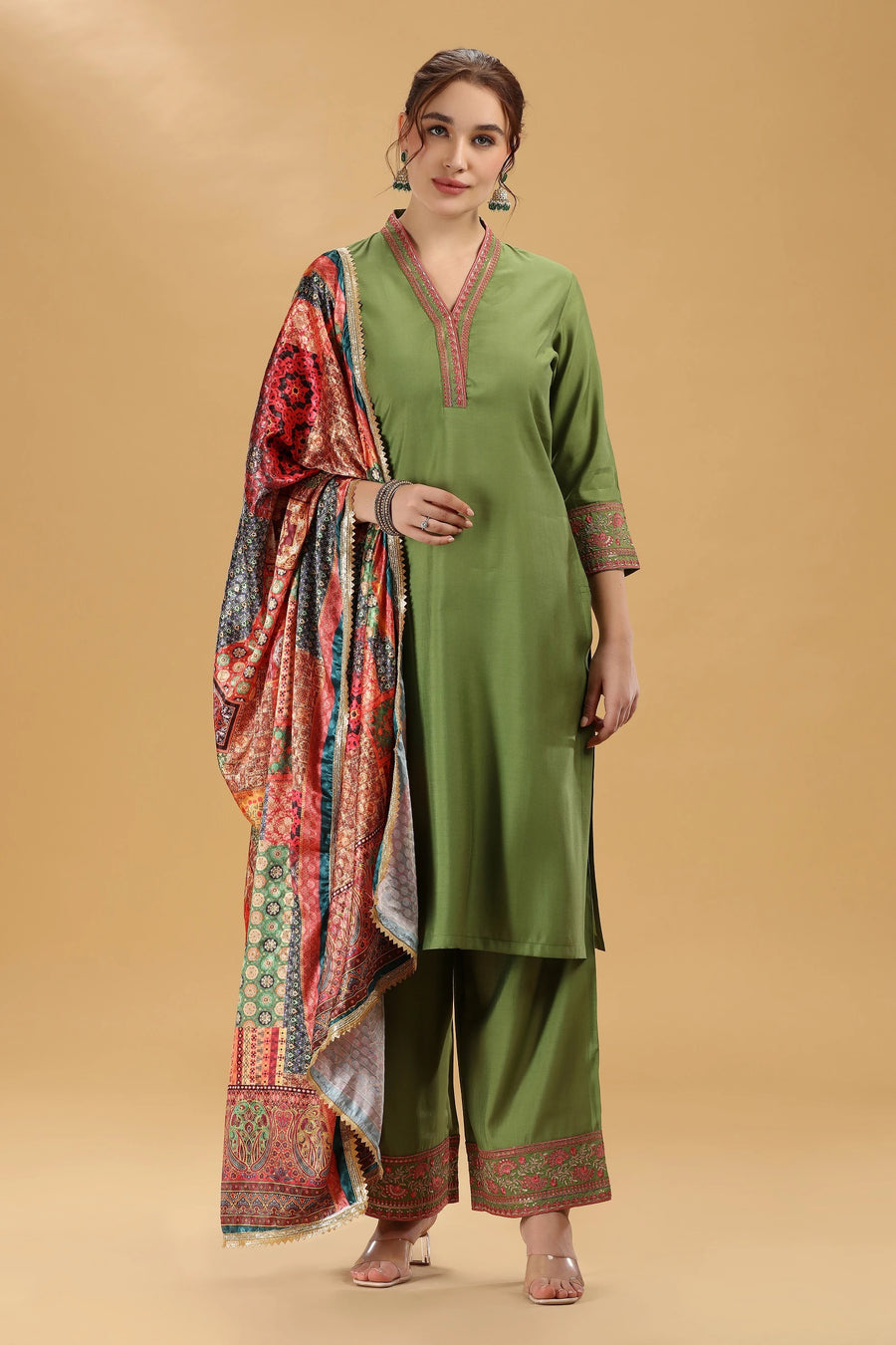 Light Green Embroidered Roman Silk A Line Kurta Pant and Dupatta Suit Set