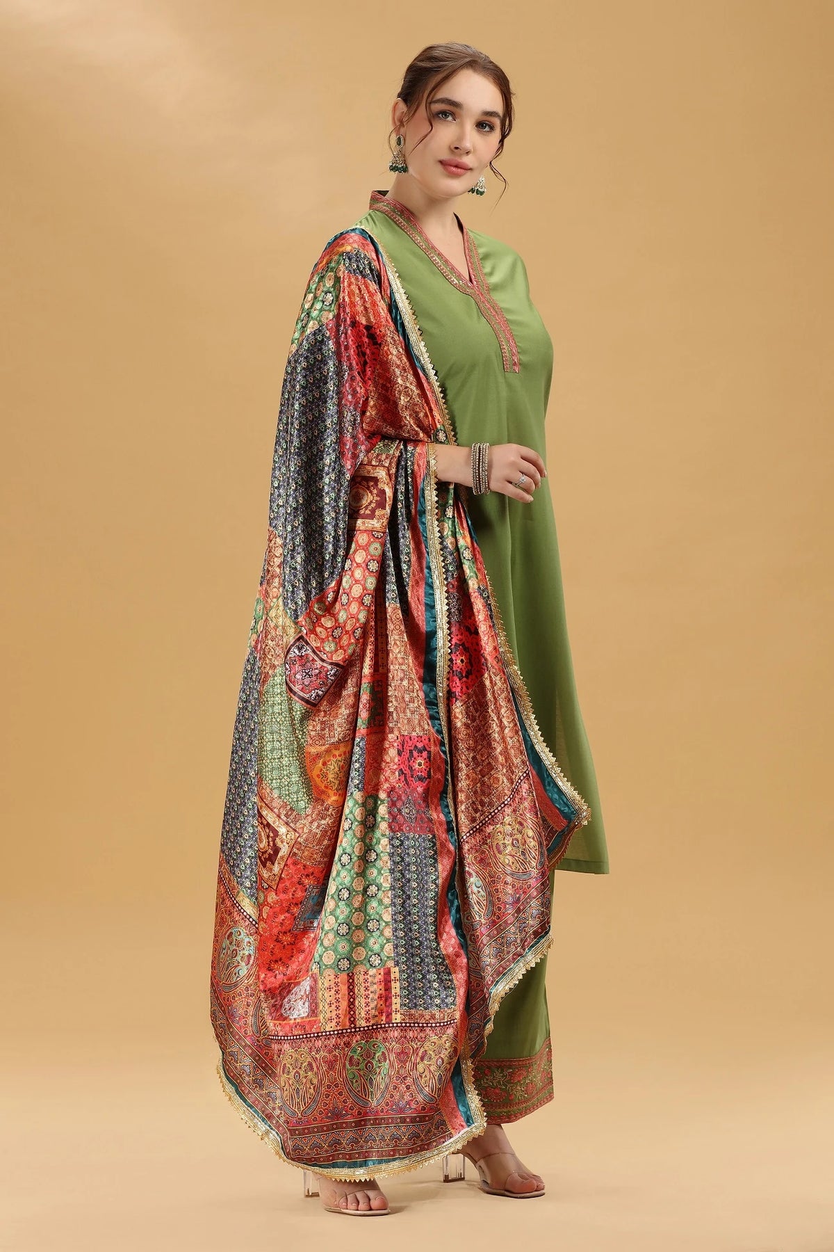 Light Green Embroidered Roman Silk A Line Kurta Pant and Dupatta Suit Set for women