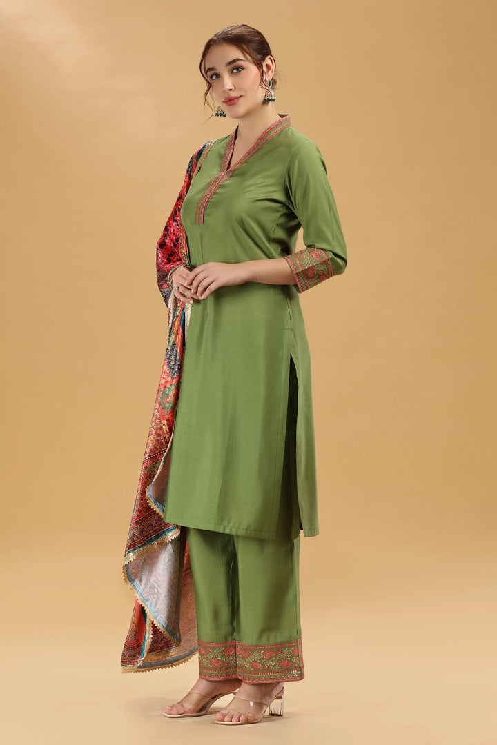Light Green Embroidered Roman Silk A Line Kurta Pant and Dupatta Suit Set for women