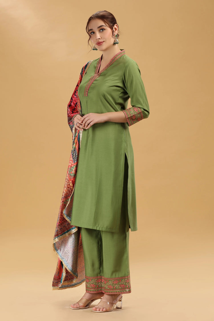 Light Green Embroidered Roman Silk A Line Kurta Pant and Dupatta Suit Set for women