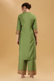 Light Green Embroidered Roman Silk A Line Kurta Pant and Dupatta Suit Set