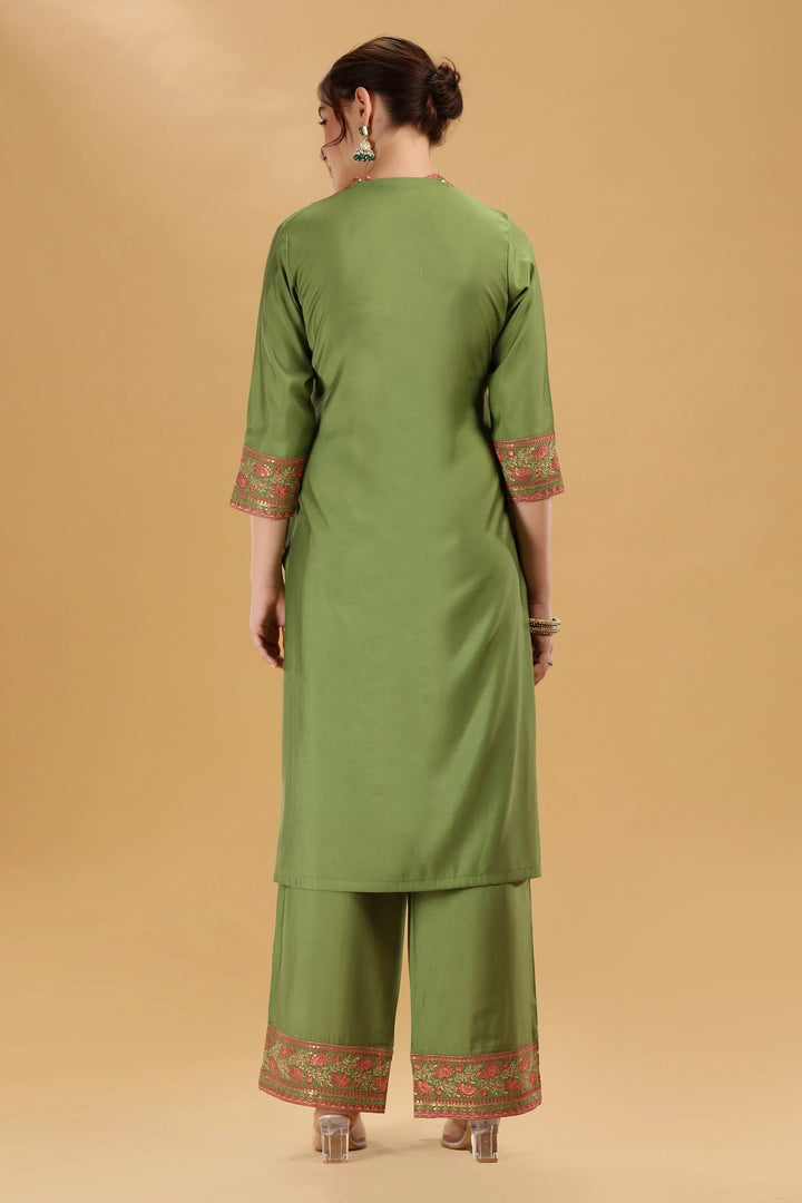 Light Green Embroidered Roman Silk A Line Kurta Pant and Dupatta Suit Set