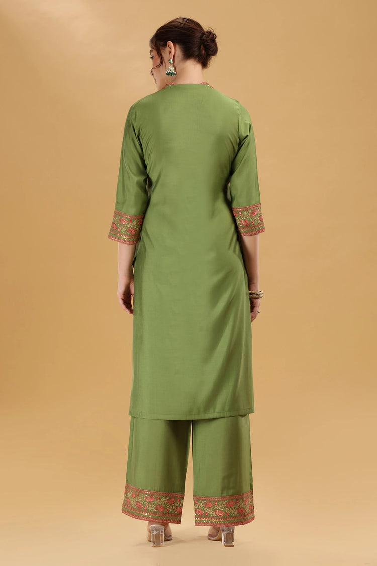 Light Green Embroidered Roman Silk A Line Kurta Pant and Dupatta Suit Set