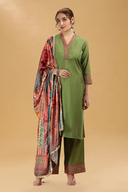 Light Green Embroidered Roman Silk A Line Kurta Pant and Dupatta Suit Set