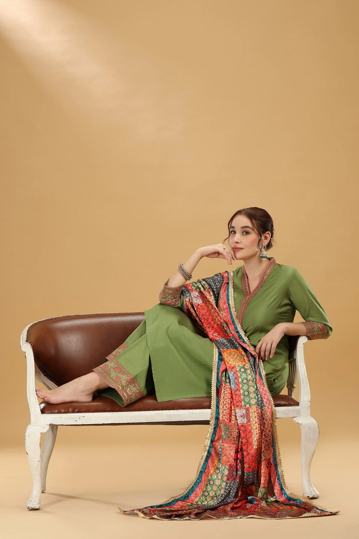 Light Green Embroidered Roman Silk A Line Kurta Pant and Dupatta Suit Set for women