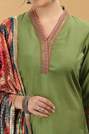 Light Green Embroidered Roman Silk A Line Kurta Pant and Dupatta Suit Set for women