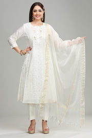 Off White Chanderi A Line Embroidered Kurta Pant Suit Set
