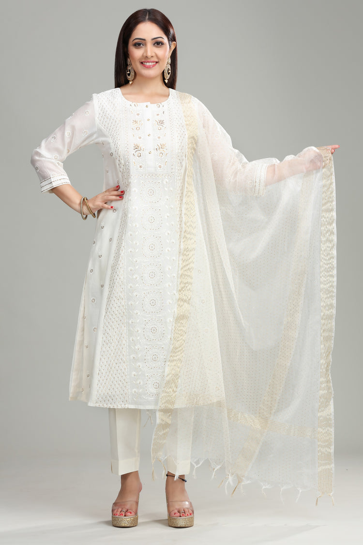 Off White Chanderi A Line Embroidered Kurta Pant Suit Set